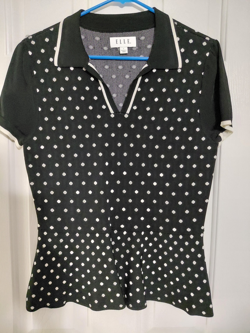 ELLE Women's Black Polo Dot Short Sleeve Top